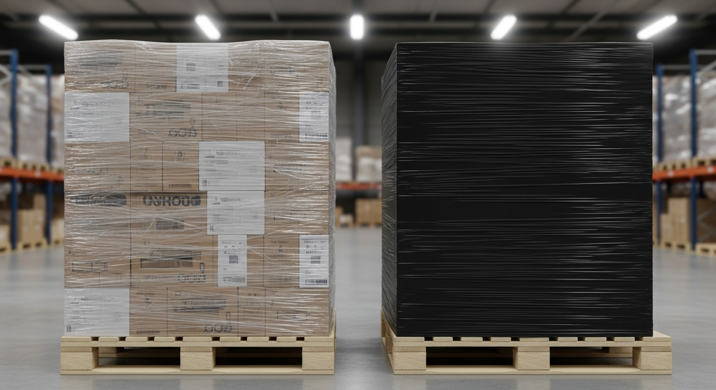 Сравнение паллета в прозрачной и черной стрейч-пленке.