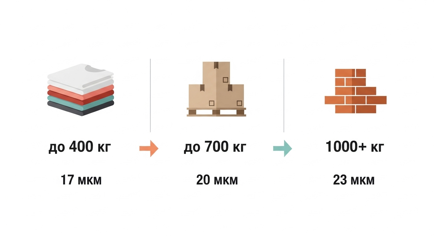 Инфографика по выбору толщины стрейч-пленки в зависимости от веса груза.