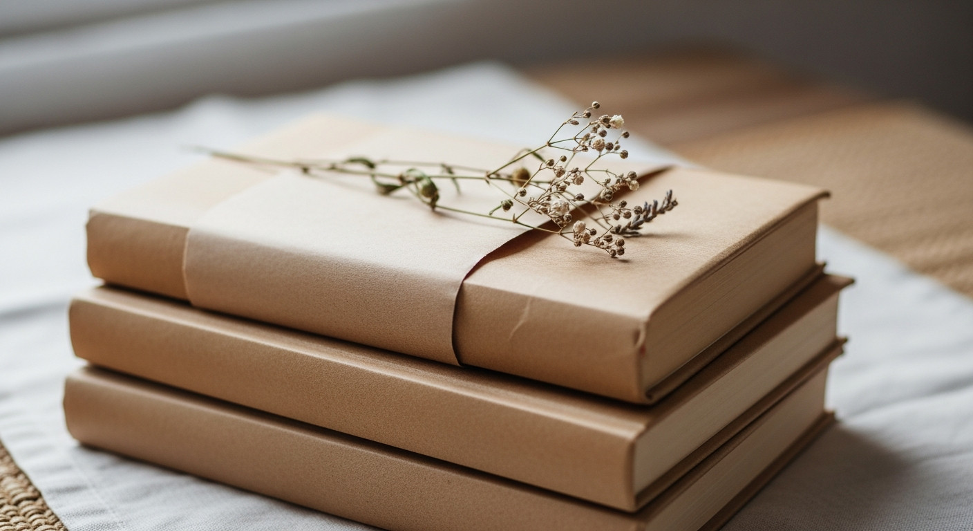 Стопка книг в стильных обложках из крафтовой бумаги.