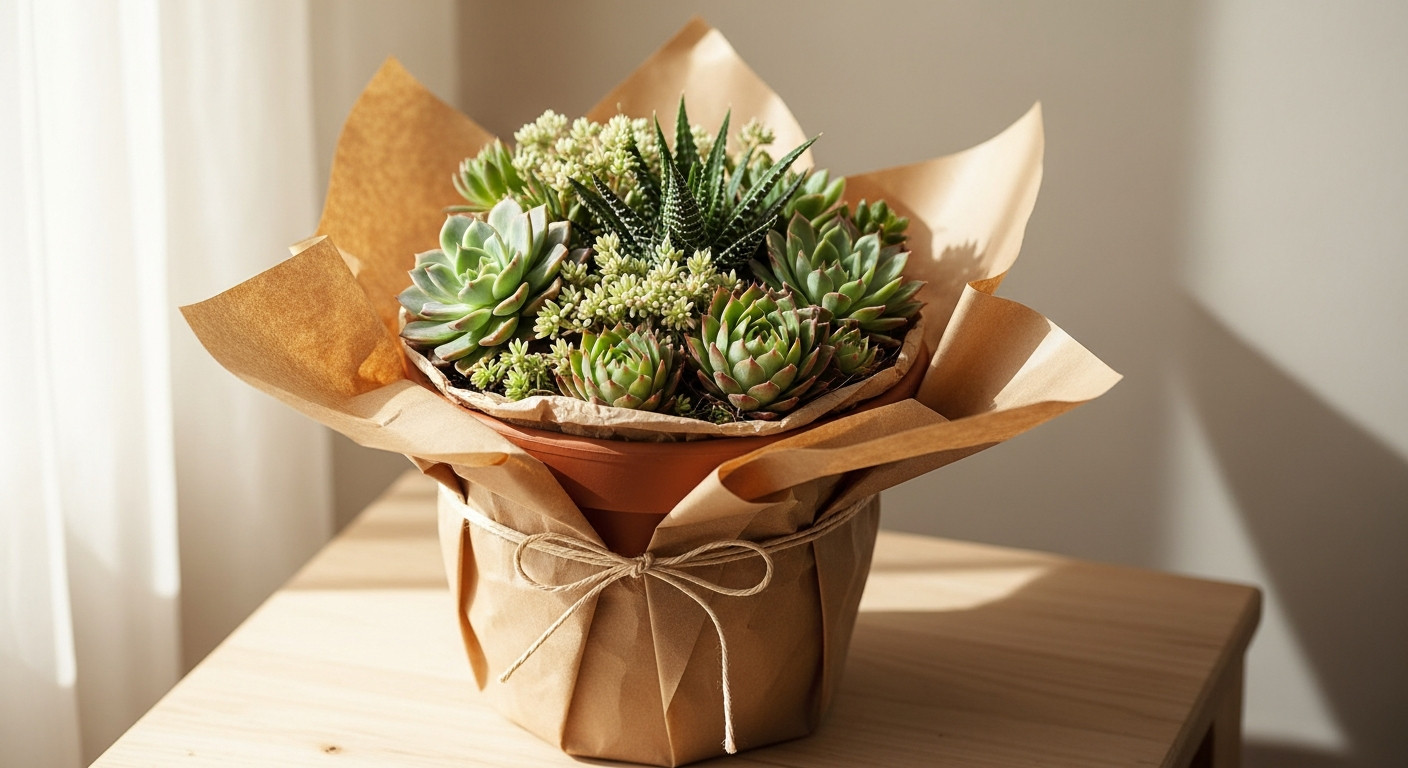 Маленькие суккуленты в декоративных кашпо из крафтовых пакетов.