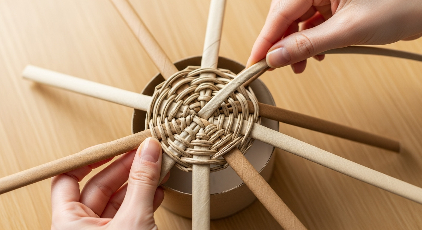 GIF-анимация процесса плетения корзинки из бумажных трубочек.