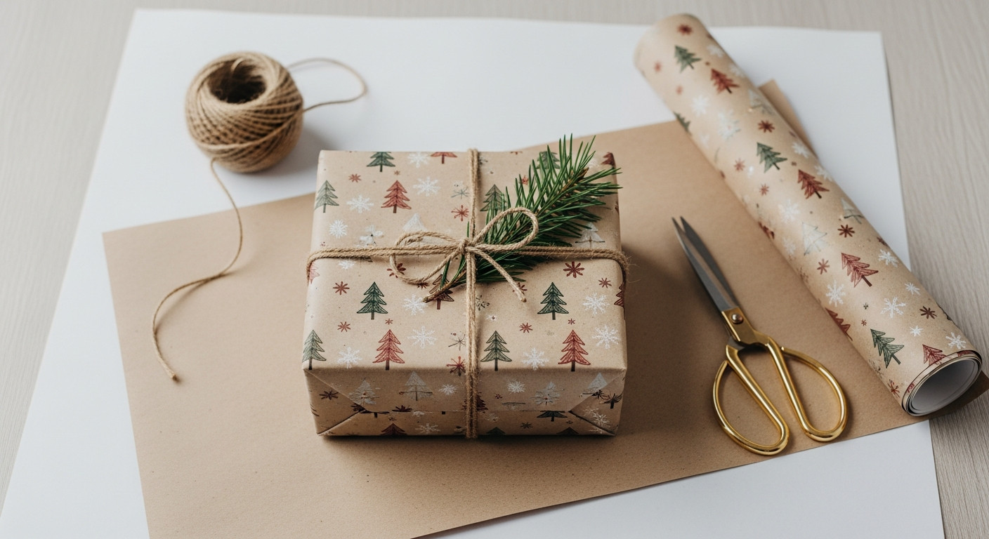 Подарок, упакованный в новогоднюю оберточную бумагу.