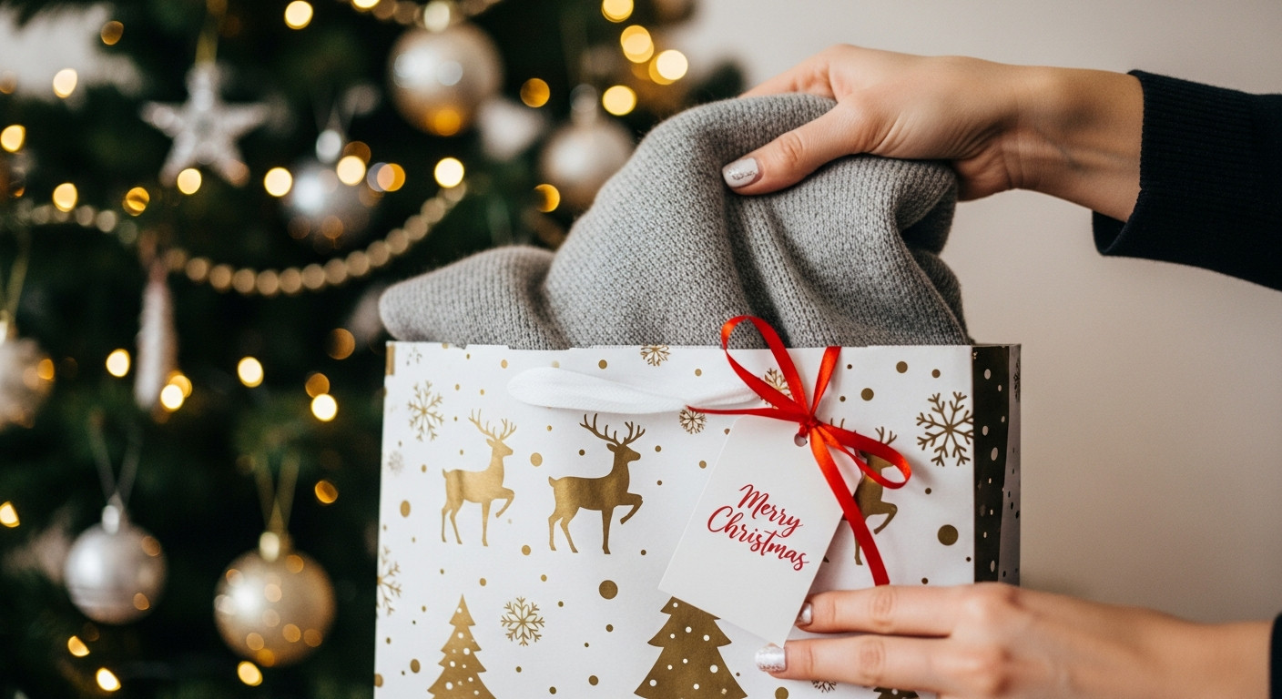Процесс упаковки свитера в новогодний бумажный пакет.