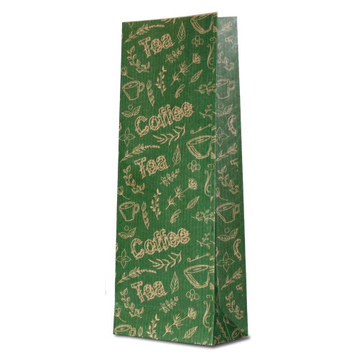 Крафт-пакет зелёный с рисунком «Coffee-Tea», ламинированный, 7×4×21 см