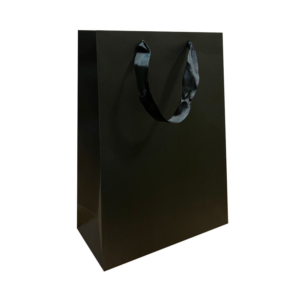 Чёрный бумажный пакет с ленточными ручками 25×10×36 см