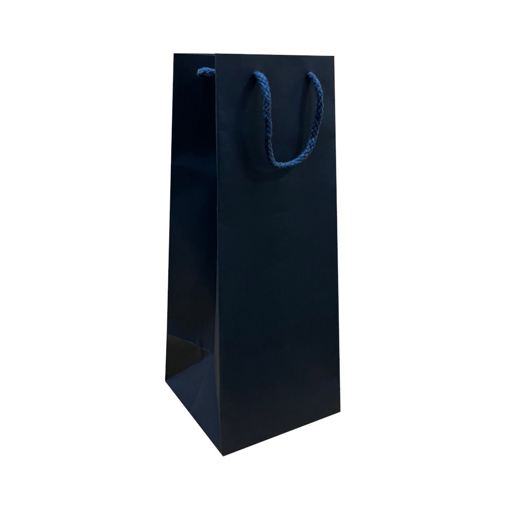 Тёмно-синий бумажный пакет для бутылок с верёвочными ручками 12×12×36 см