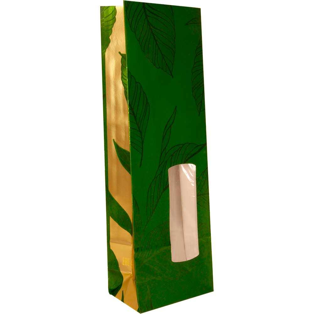 Пакет бумажный зеленый с окном, с рисунком «Чайный лист», 8×5×24 см