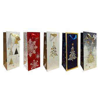 Пакет бумажный подарочный новогодний под бутылку, MIX, 15×36×12 см