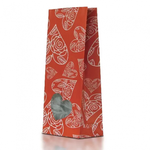 Пакет бумажный красный с окном, с рисунком "Сердца", 10×6×26 см