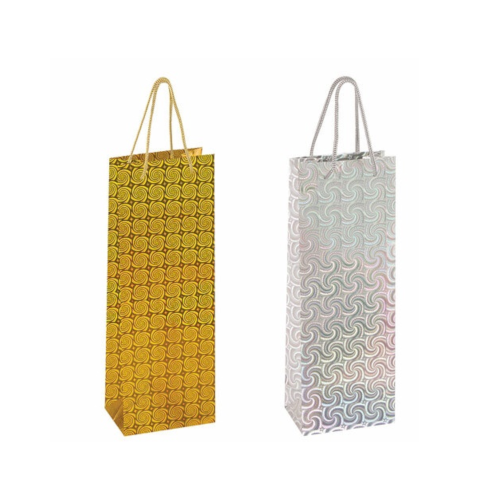 Пакет бумажный подарочный под бутылку, голограмма-MIX, 12×36×7 см