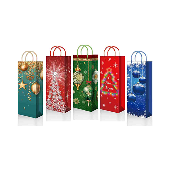 Пакет бумажный подарочный новогодний под бутылку, MIX, 12×36×7 см