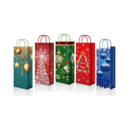 Пакет бумажный подарочный новогодний под бутылку, MIX, 12×36×7 см