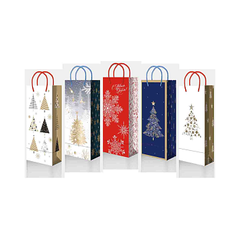 Пакет бумажный подарочный новогодний под бутылку, MIX, 15×36×12 см