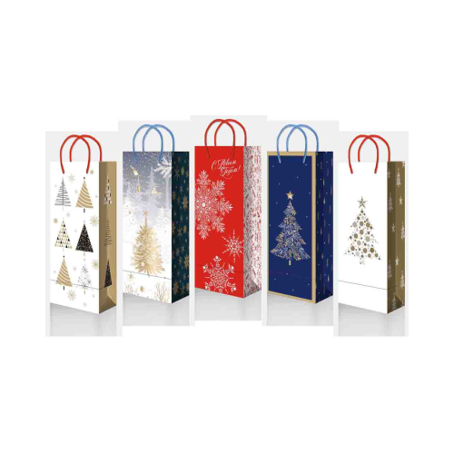 Пакет бумажный подарочный новогодний под бутылку, MIX, 15×36×12 см