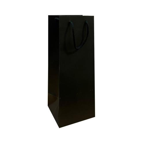 Чёрный бумажный пакет для бутылок с верёвочными ручками 12×12×36 см
