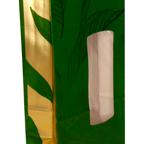 Пакет бумажный зеленый с окном, с рисунком «Чайный лист», 8×5×24 см