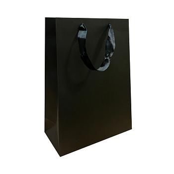 Чёрный бумажный пакет с ленточными ручками 25×10×36 см