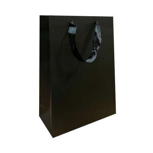 Чёрный бумажный пакет с ленточными ручками 25×10×36 см