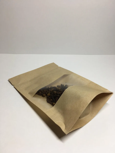 Дой-пак с замком zip-lock из крафт-бумаги (полоска) с окном 4 см, 10×15×3 cм