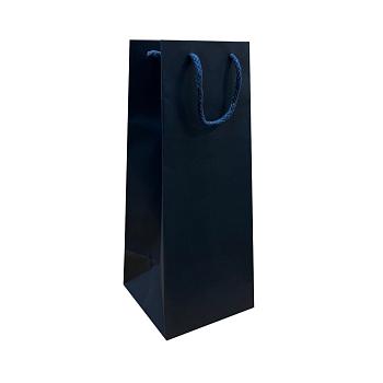 Тёмно-синий бумажный пакет для бутылок с верёвочными ручками 12×12×36 см
