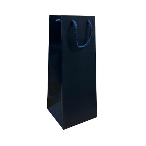 Тёмно-синий бумажный пакет для бутылок с верёвочными ручками 12×12×36 см
