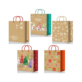 Крафт пакет подарочный новогодний, MIX, 32×44×10 см