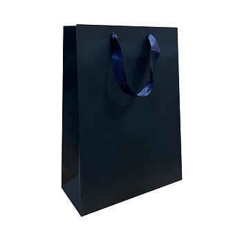 Тёмно-синий бумажный пакет с ленточными ручками 25×10×36 см