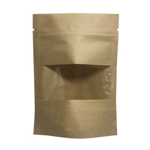 Дой-пак с замком zip-lock из крафт-бумаги (полоска) с окном 4 см, 10×15×3 cм