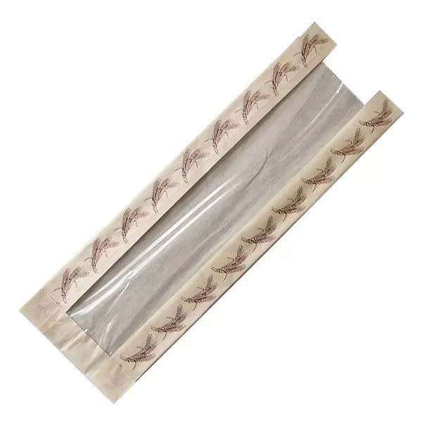 Бежевый бумажный пакет с окном с рисунком «Колоски» 10×5×31 см