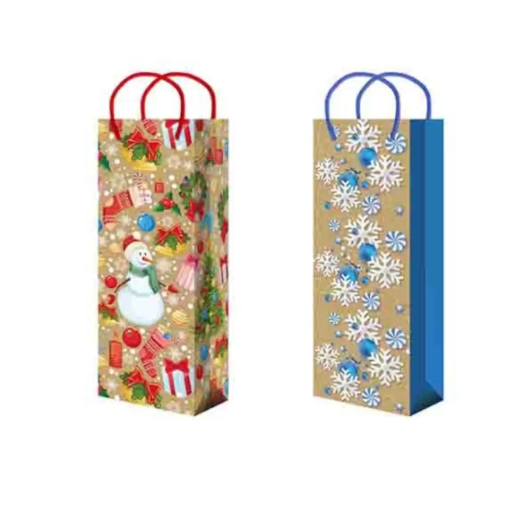 Крафт пакет подарочный новогодний бутылочный, MIX, 12×36×10 см